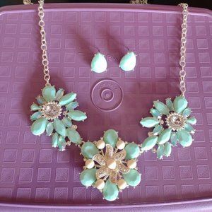 AVON Steel Magnolias Necklace & Earring Gift Set Teal Rhinestone